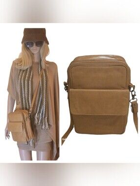 Vintage Bacci Tan Leather Vertical Crossbody Messenger Bag